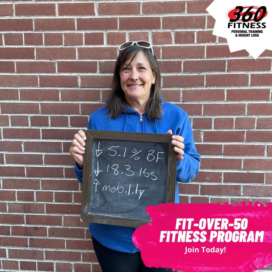 Brenda with her Fit Over 50 results at 360 Fitness