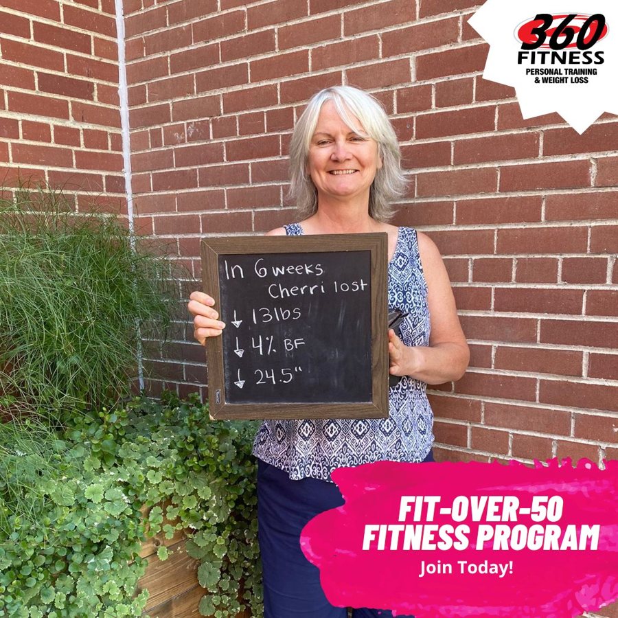 Cherri with her Fit Over 50 results at 360 Fitness