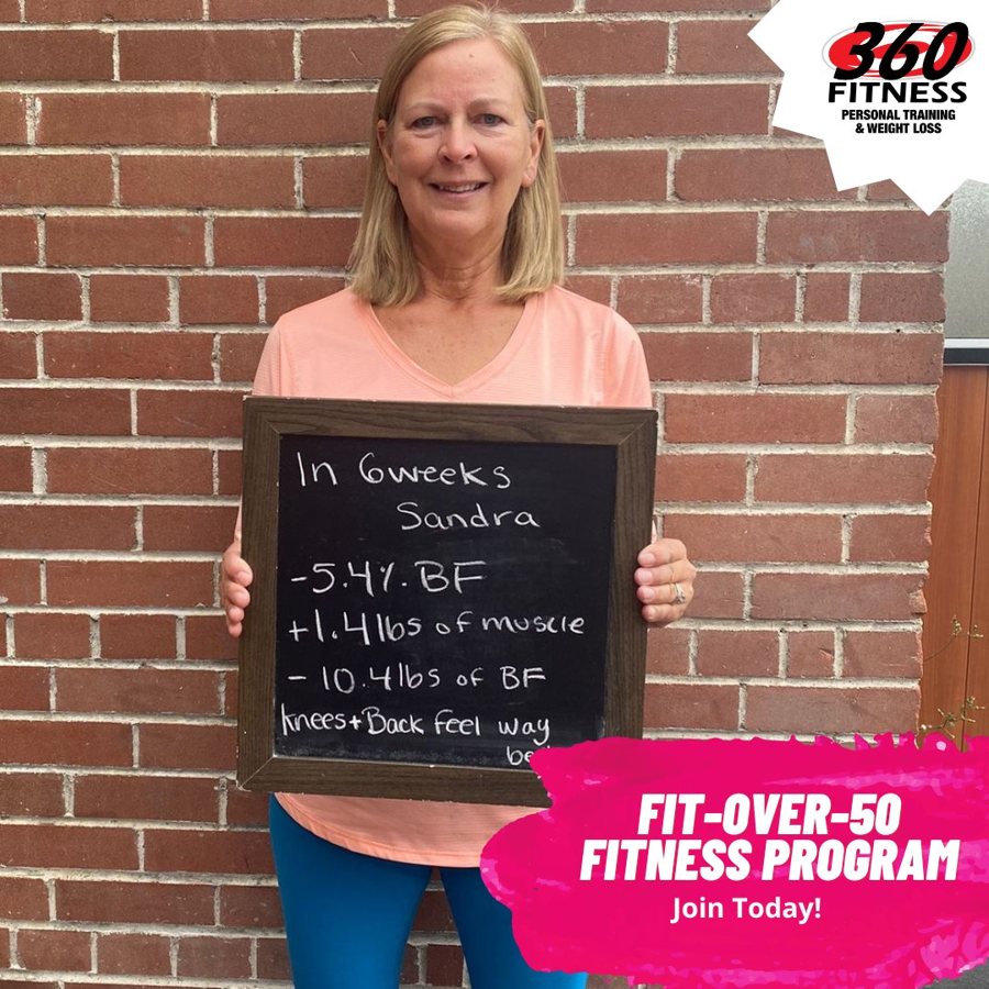 Sandra with her Fit Over 50 results at 360 Fitness